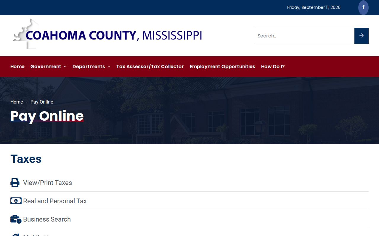 Coahoma County pay online page showing the ticket payment link, not a warrant search
