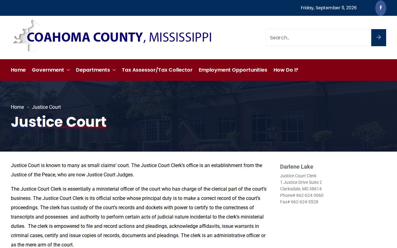 Coahoma County Justice Court page describing the clerk role in issuing criminal warrants