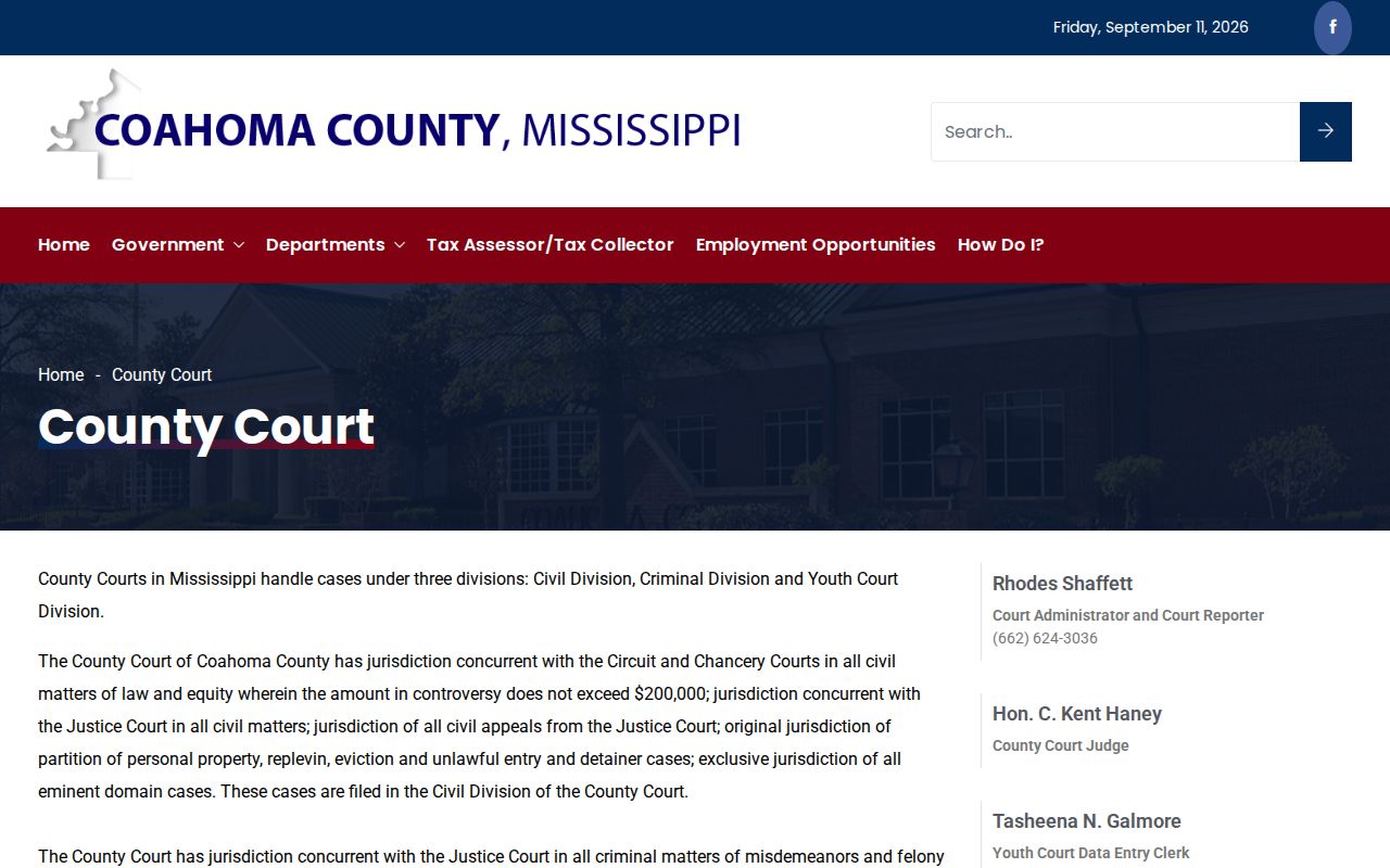 Coahoma County Court page showing criminal jurisdiction behind local bench warrants