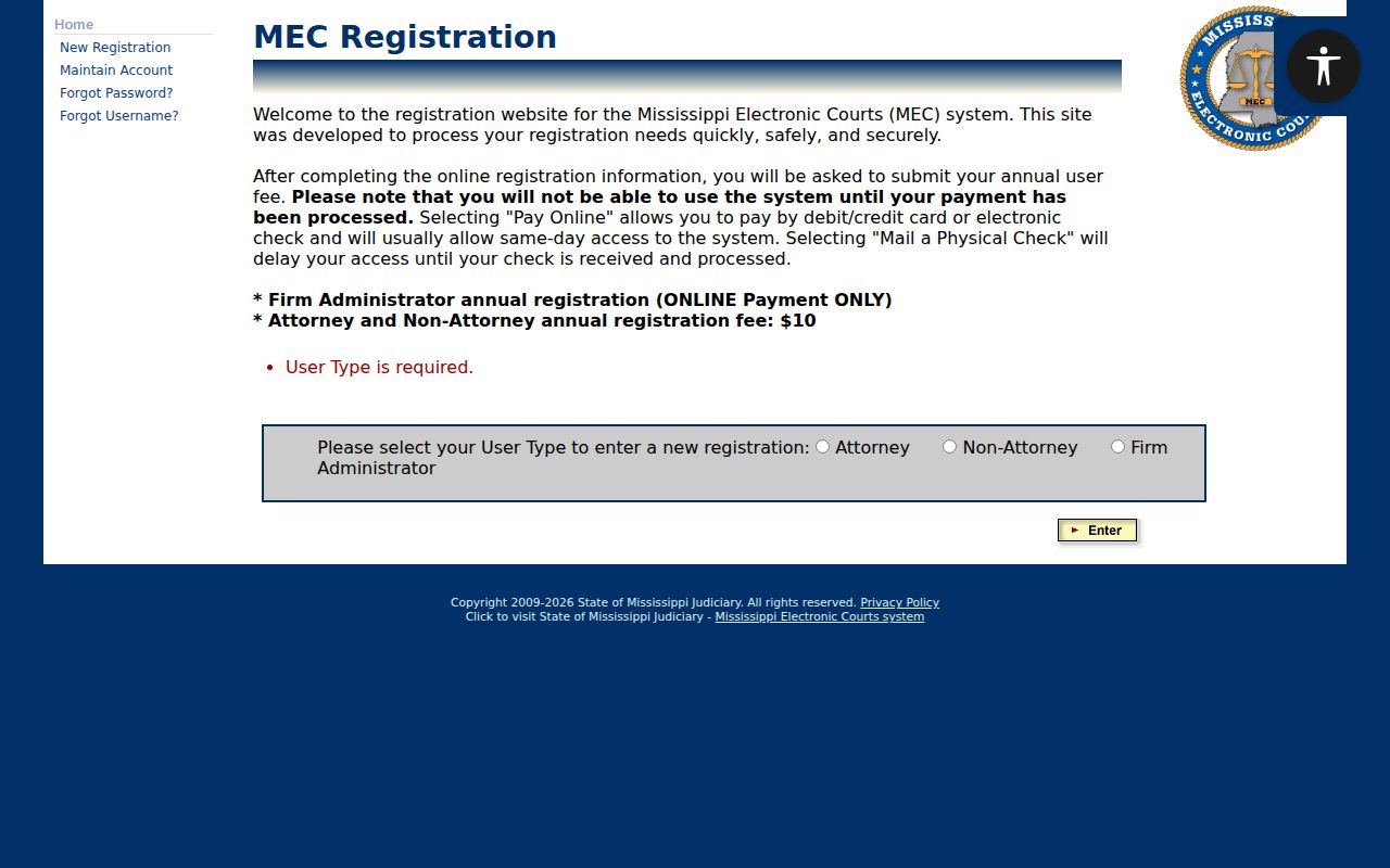 PAMEC registration screen used before a Coahoma County warrant docket search