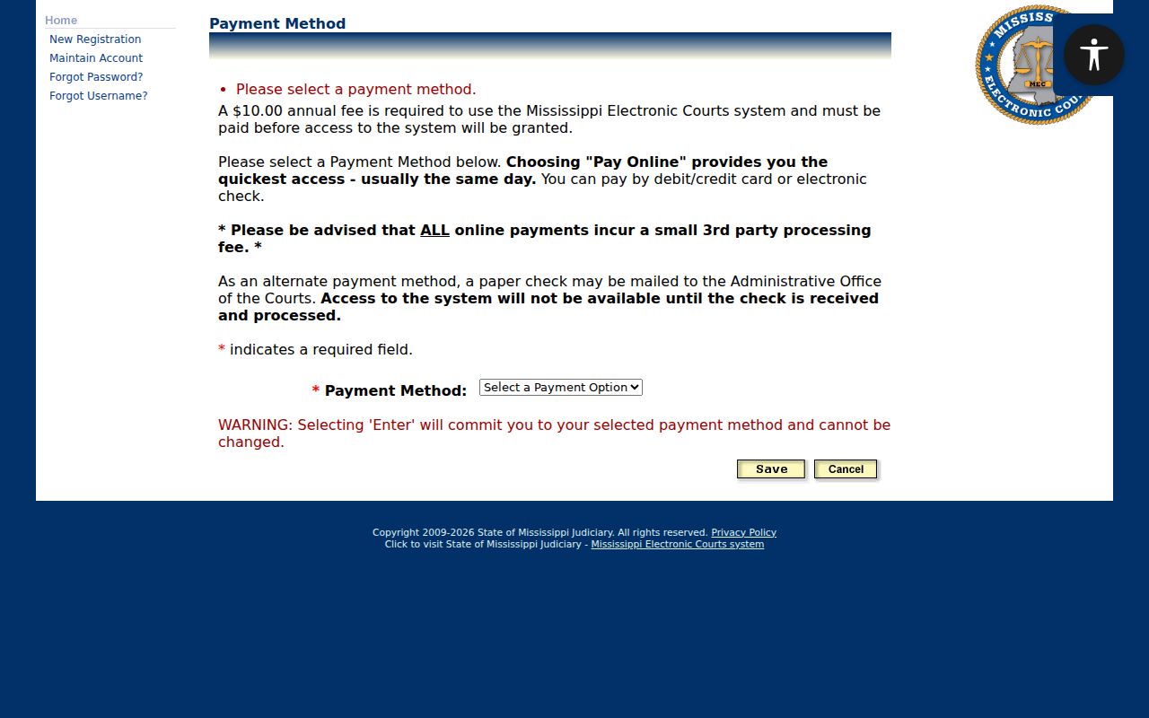 PAMEC payment method screen used to reach Coahoma County warrant dockets