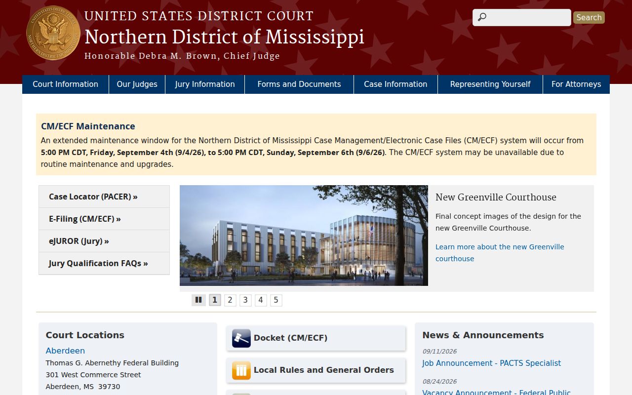Northern District of Mississippi court site covering federal warrants from Coahoma County