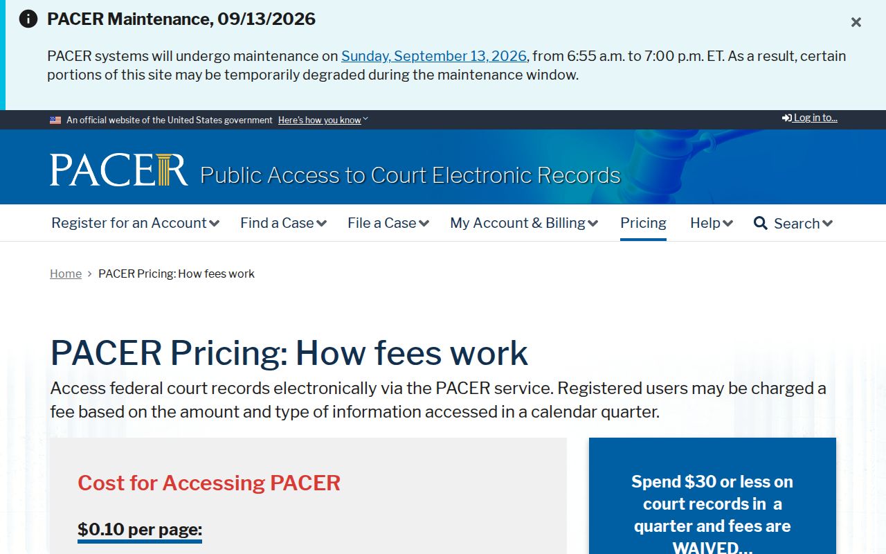 Federal court records fee page used when checking Coahoma County federal warrant dockets